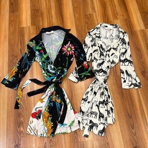 Lot of 2 JB Julie Brown Wrap Dresses Floral Zebra Safari Sz Small S Vintage Look